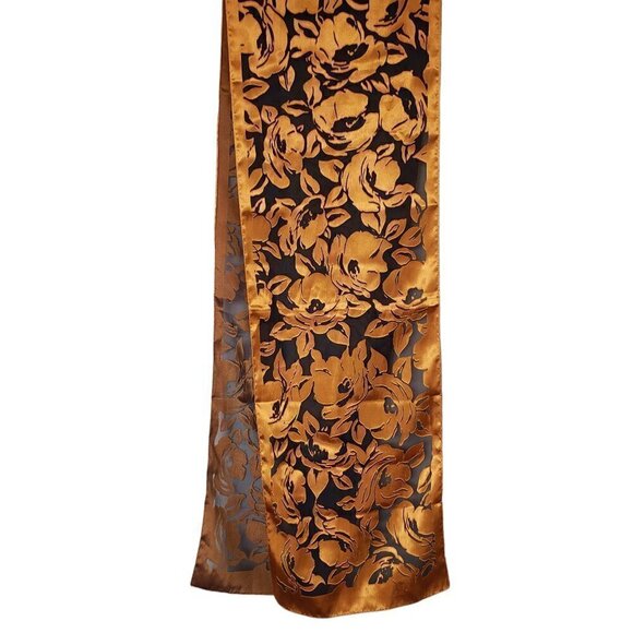 Gorgeous Sheer Black & Gold Satin Florals Scarf - Picture 1 of 3